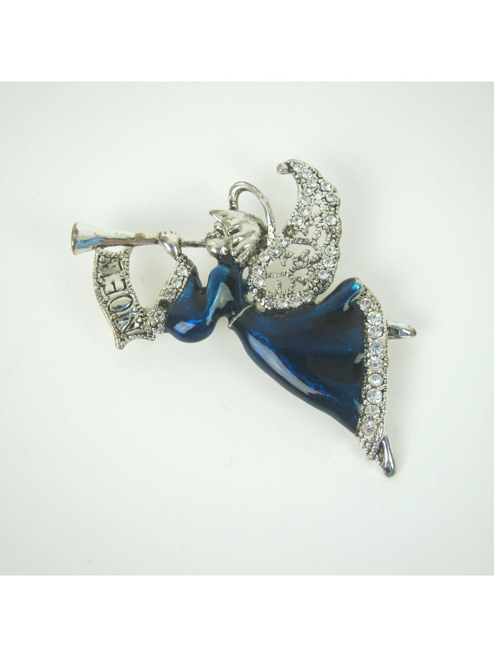 Vintage Christmas Angels Pin Brooch Silver Tone Horn Blue Enamel Rhinestone 2.5"